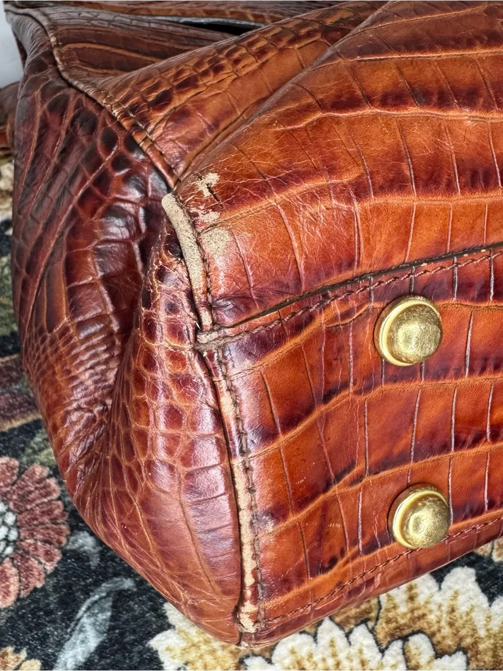 BRAHMIN | Cognac Croc-Embossed Leather Satchel with Gold Hardware